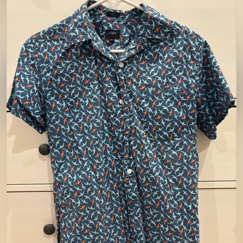 J. Crew Teal and Orange Bird Pattern Shirt